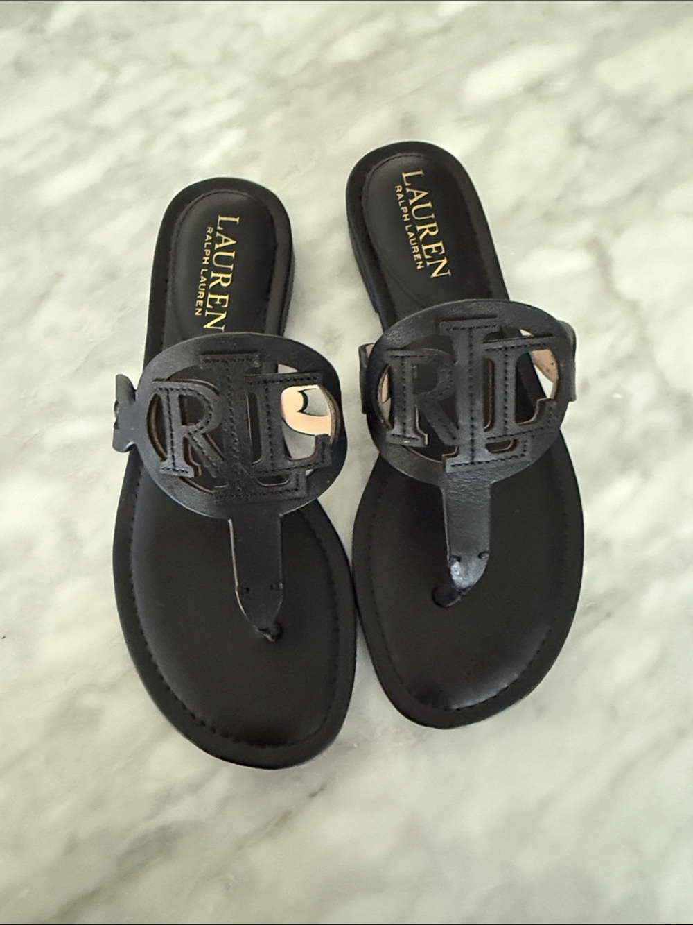 Lauren Ralph Lauren Black Logo Cutout Thong Slide Sandals